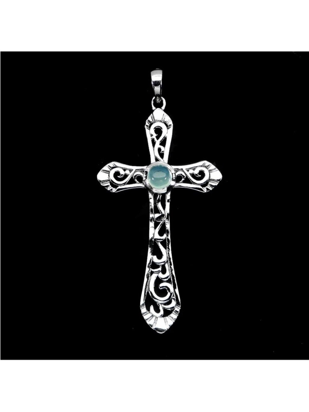 Genuine 4mm Round Chalcedony Cross 925 Sterling Silver pendant necklace 18”
